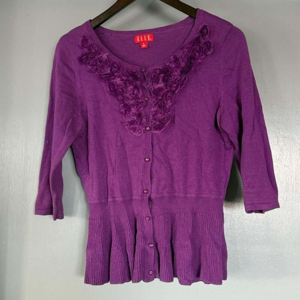 Elle Purple Ruffled Feminine Button Front Cardigan Lightweight Sweater sz M